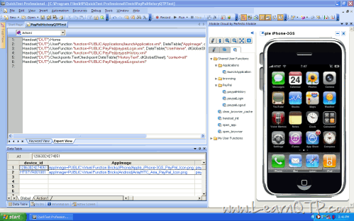 QTP user interface with embedded MobileCloud add-in running test case on iphone